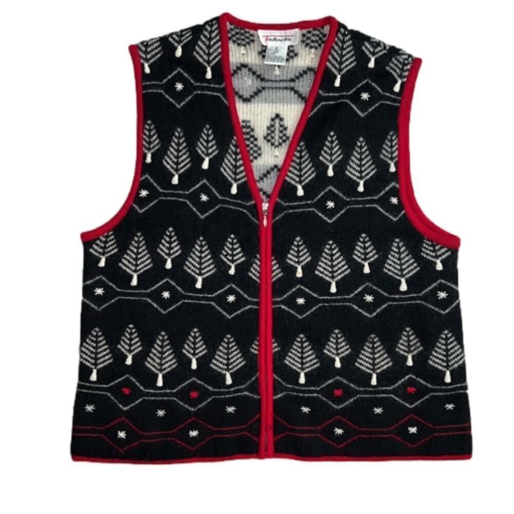 Talbots 100% Wool Full Zip Christmas Tree Sweater Vest Size M Two Small Flaws
